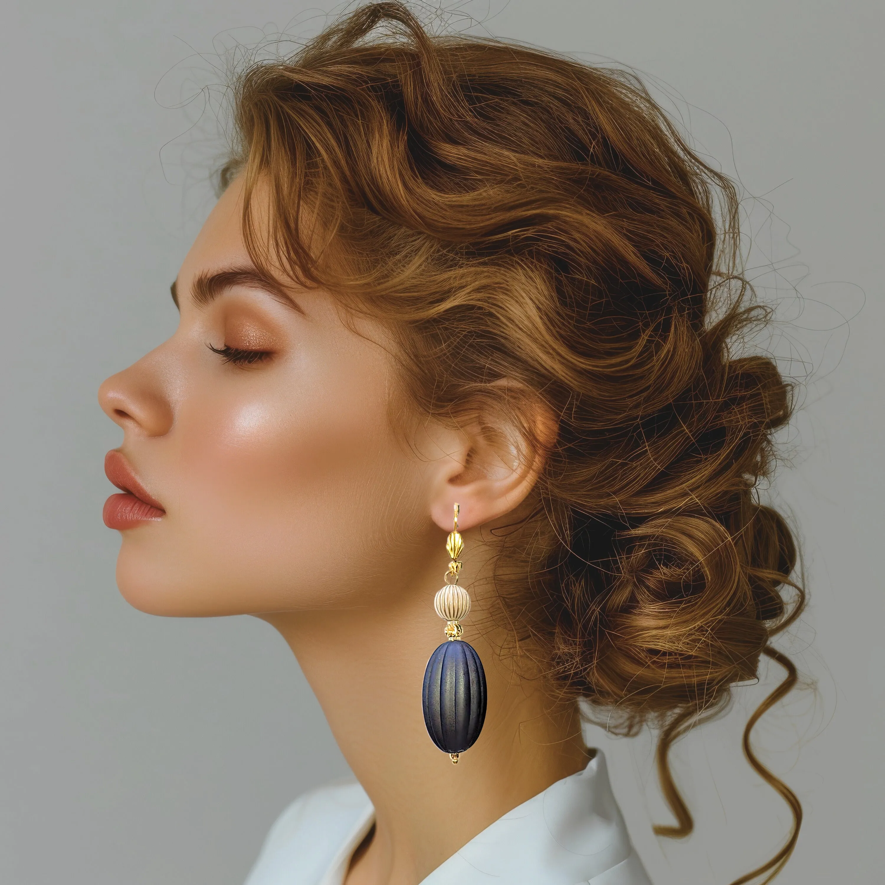 Dark Gray, Ivory and Gold Puffed Oval Dangle Silicone Statement Earrings