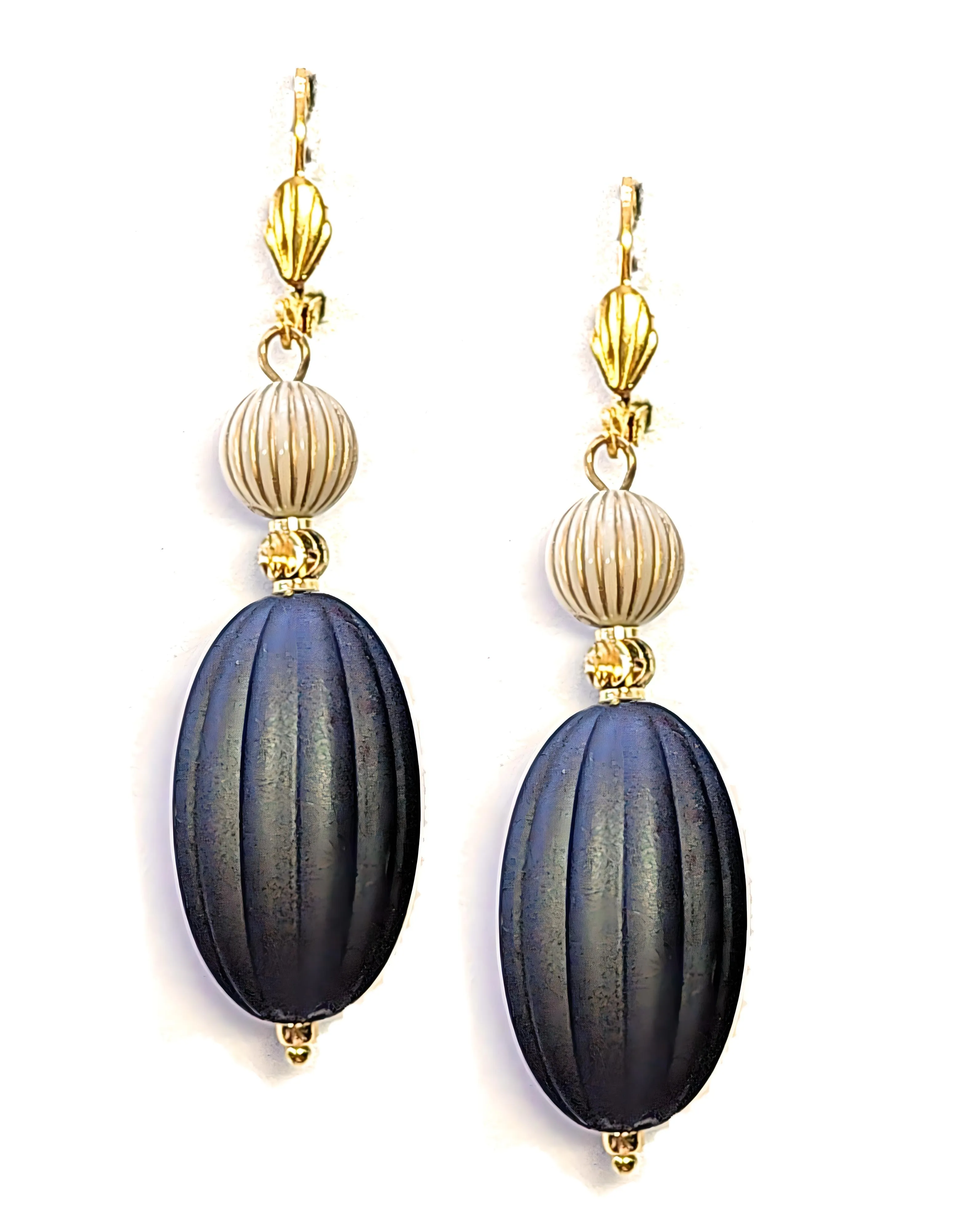 Dark Gray, Ivory and Gold Puffed Oval Dangle Silicone Statement Earrings