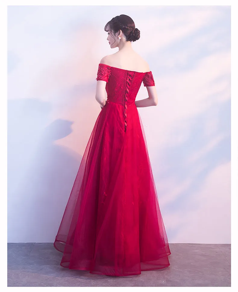 Dark Red Tulle Off Shoulder Elegant Junior Prom Dress, Junior Party Dress, Formal Dress