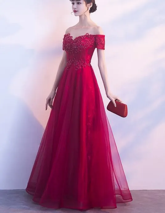 Dark Red Tulle Off Shoulder Elegant Junior Prom Dress, Junior Party Dress, Formal Dress