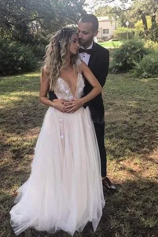 Deep V-neck Straps Tulle Appliques Prom Dress,Floral Princess Wedding Dress TN128