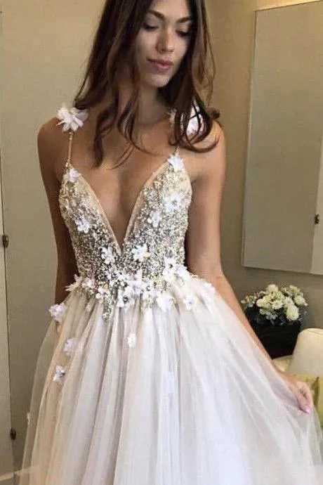 Deep V-neck Straps Tulle Appliques Prom Dress,Floral Princess Wedding Dress TN128