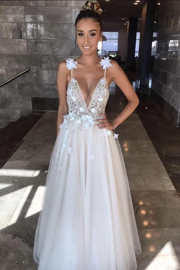 Deep V-neck Straps Tulle Appliques Prom Dress,Floral Princess Wedding Dress TN128