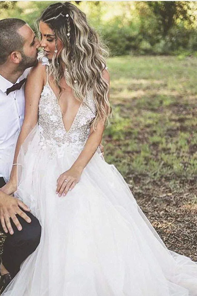 Deep V-neck Straps Tulle Appliques Prom Dress,Floral Princess Wedding Dress TN128