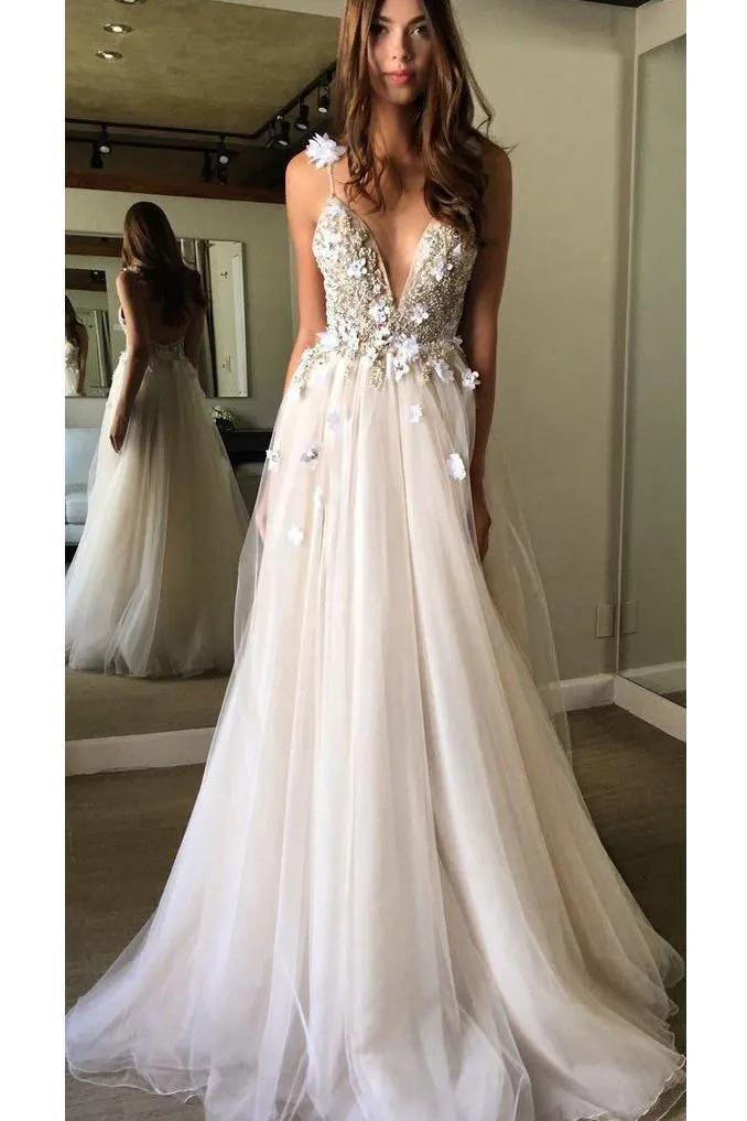 Deep V-neck Straps Tulle Appliques Prom Dress,Floral Princess Wedding Dress TN128