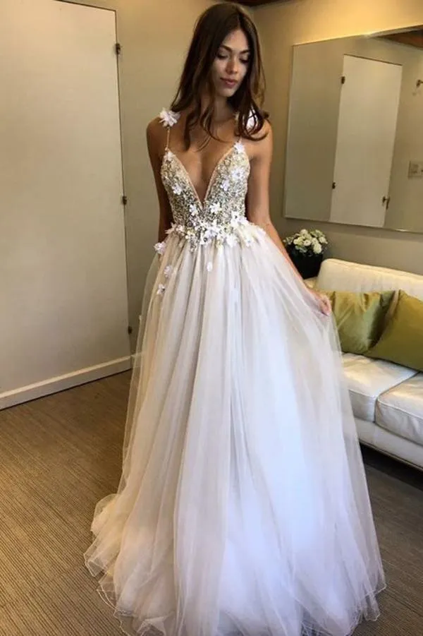 Deep V-neck Straps Tulle Appliques Prom Dress,Floral Princess Wedding Dress TN128