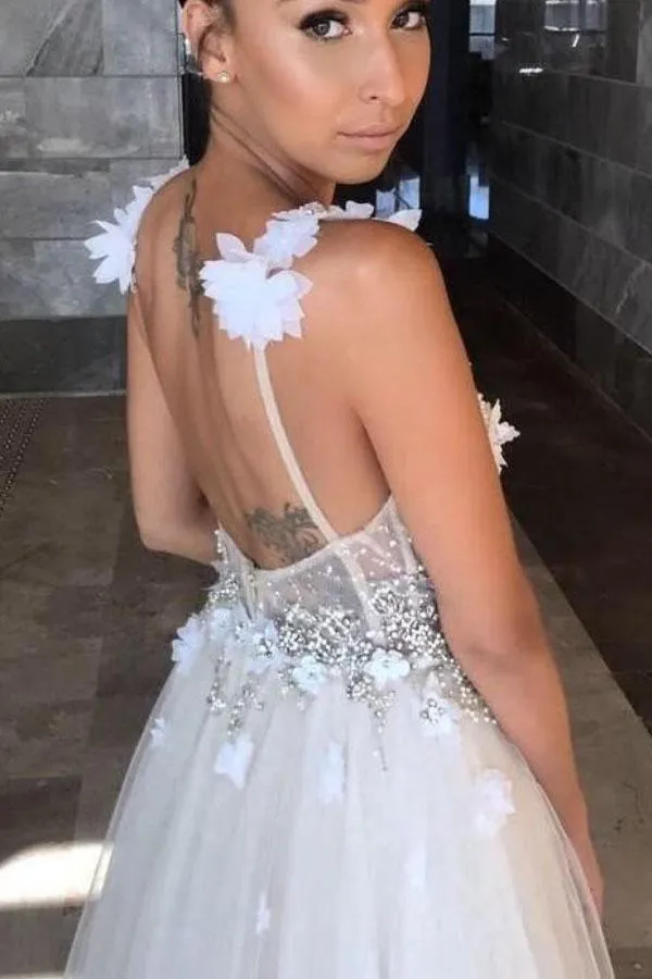 Deep V-neck Straps Tulle Appliques Prom Dress,Floral Princess Wedding Dress TN128