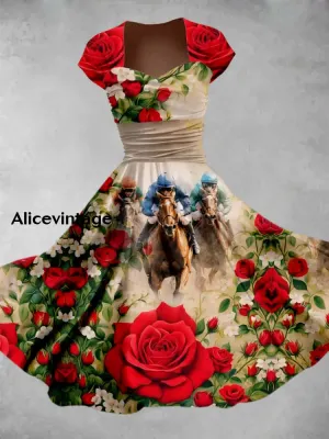 Derby Art Print Short Sleeve Vintage Elegant Dress Derby Dress