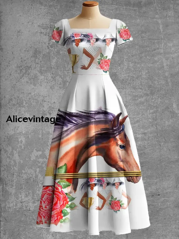 Derby Art Print Short Sleeve Vintage Elegant Dress Derby Dress