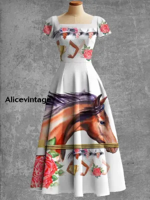 Derby Art Print Short Sleeve Vintage Elegant Dress Derby Dress