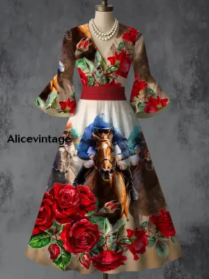 Derby Art Print V-Neck Flare Sleeve Vintage Elegant Dress Derby Dress