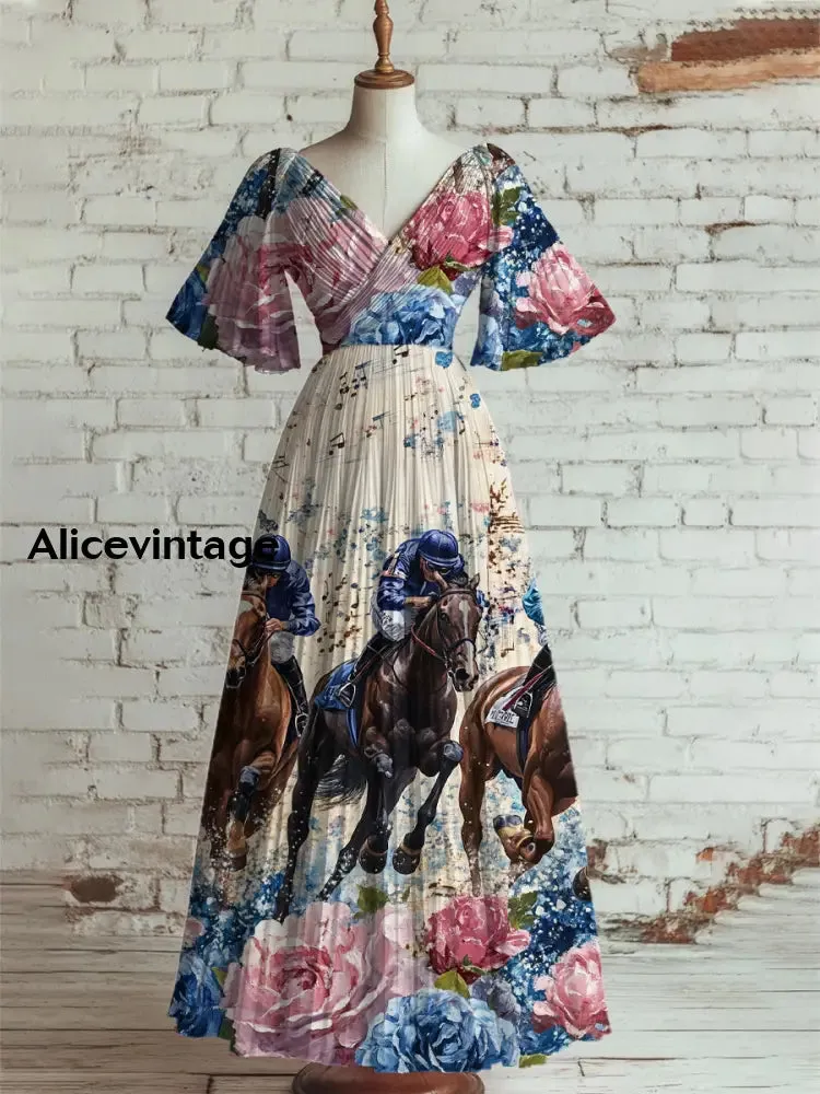 Derby Art Print V-Neck Short Sleeve Vintage Elegant Dress Derby Dress