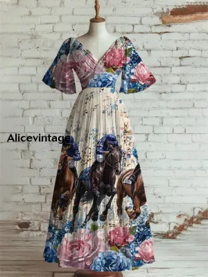 Derby Art Print V-Neck Short Sleeve Vintage Elegant Dress Derby Dress