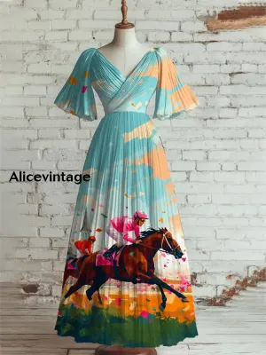 Derby Art Print V-Neck Short Sleeve Vintage Elegant Dress Derby Dress
