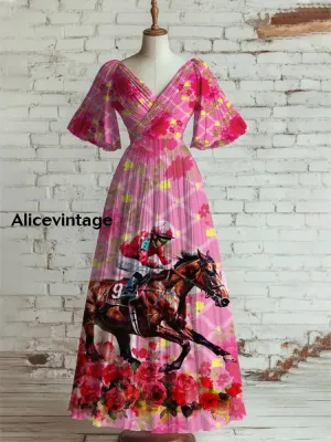Derby Art Print V-Neck Short Sleeve Vintage Elegant Dress Derby Dress