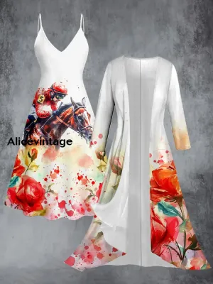 Derby Art Print Vintage Elegant Slip Dress Two Piece Sets Derby Dress