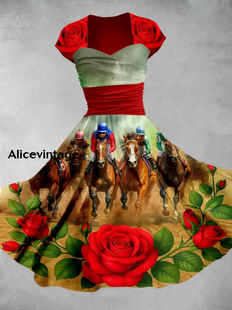 Derby Floral Art Print Short Sleeve Vintage Elegant Dress Derby Dress