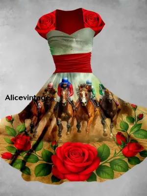 Derby Floral Art Print Short Sleeve Vintage Elegant Dress Derby Dress