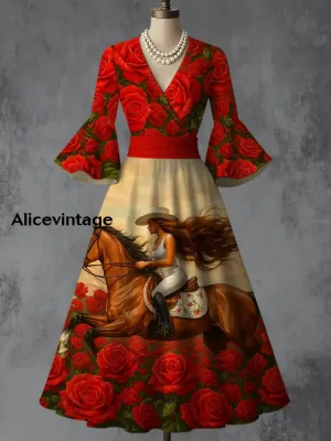 Derby Floral Art Print V-Neck Flare Sleeve Vintage Elegant Dress Derby Dress