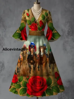 Derby Floral Art Print V-Neck Flare Sleeve Vintage Elegant Dress Derby Dress
