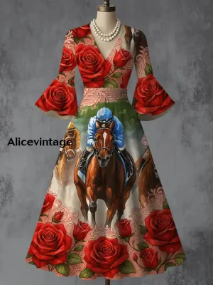 Derby Floral Art Print V-Neck Flare Sleeve Vintage Elegant Dress Derby Dress