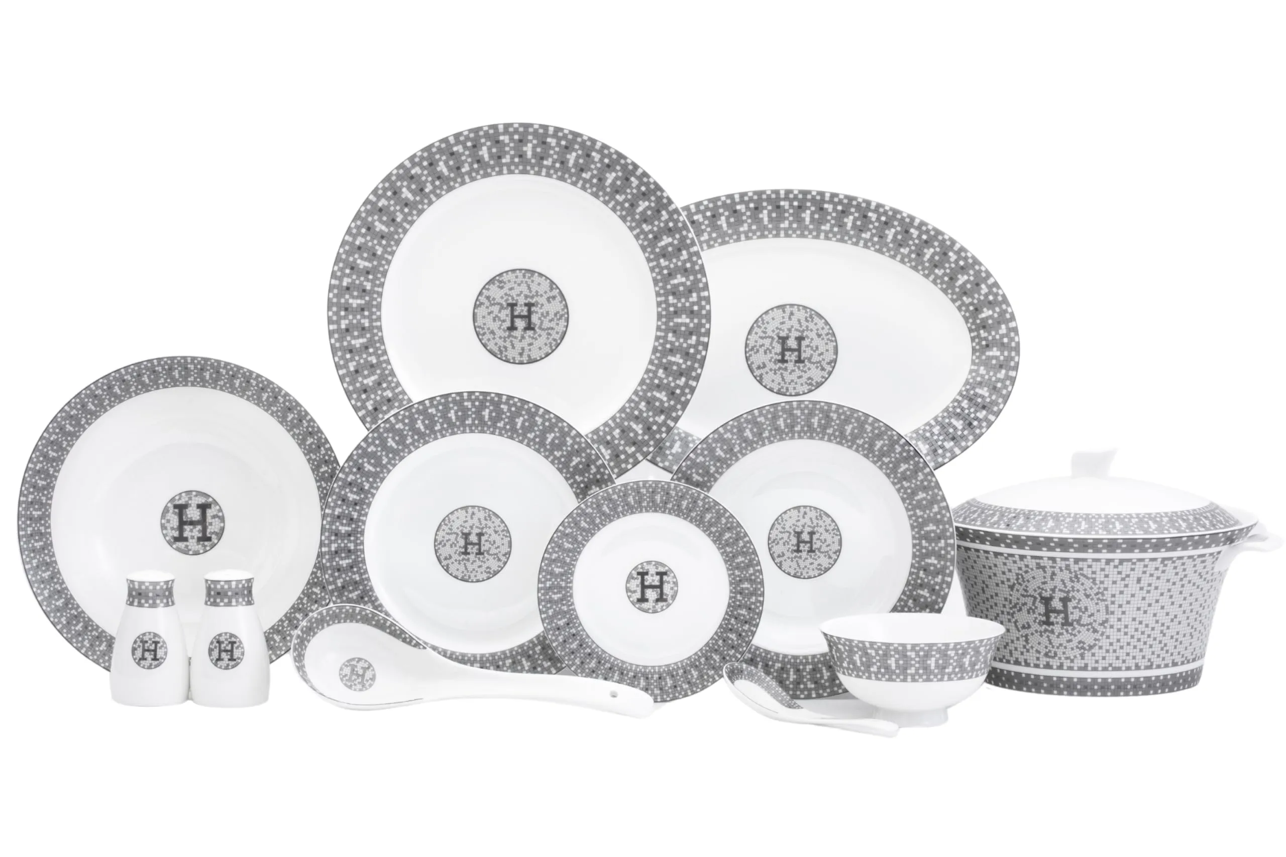Dinnerware Set for 6-44 Piece Porcelain Dishes - Gorgeous White and Silver Intricate Geometric Mosaic Design - Premium Kitchen Set - For Everyday Use and Formal Occasions (44 Piece Set)