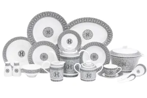 Dinnerware Set for 6-58 Piece Porcelain Dishes - Gorgeous White and Silver Intricate Geometric Mosaic Design - Premium Kitchen Set - For Everyday Use and Formal Occasions (58 Piece Set)