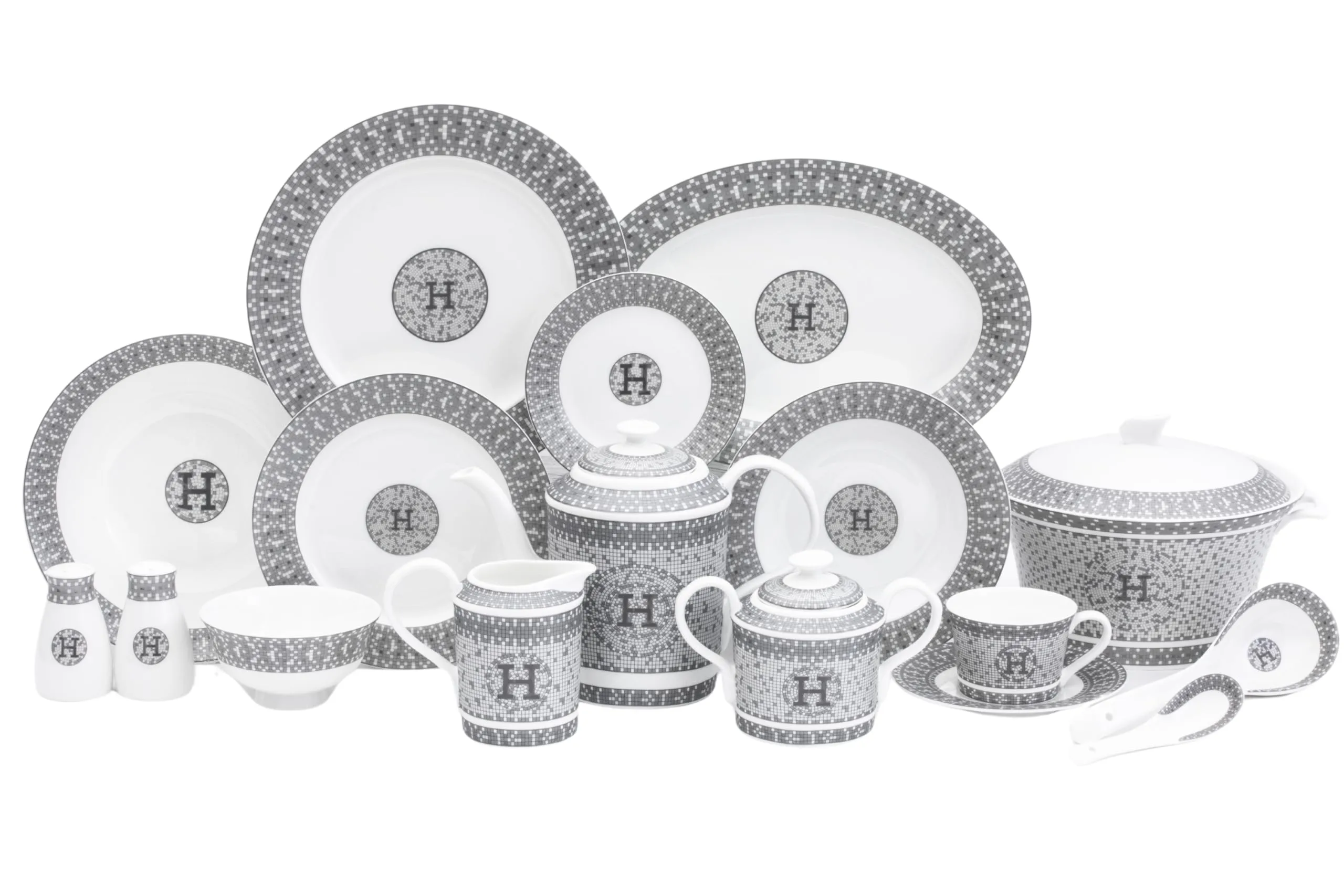 Dinnerware Set for 6-58 Piece Porcelain Dishes - Gorgeous White and Silver Intricate Geometric Mosaic Design - Premium Kitchen Set - For Everyday Use and Formal Occasions (58 Piece Set)