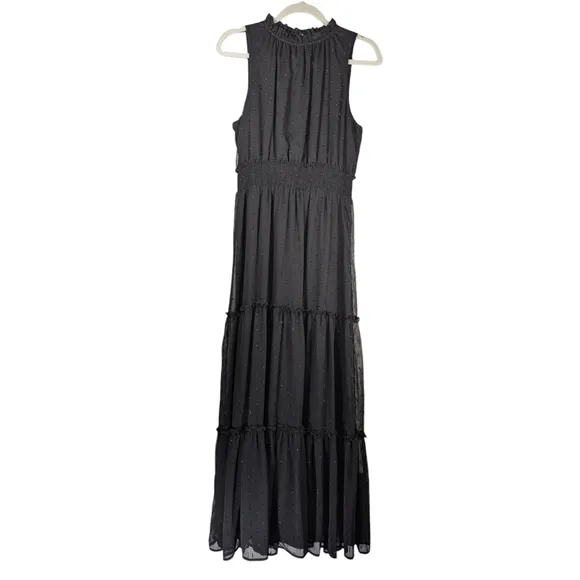 Draper James RSVP Black Tiered Sheer Sleeveless Metallic Maxi Dress Size S