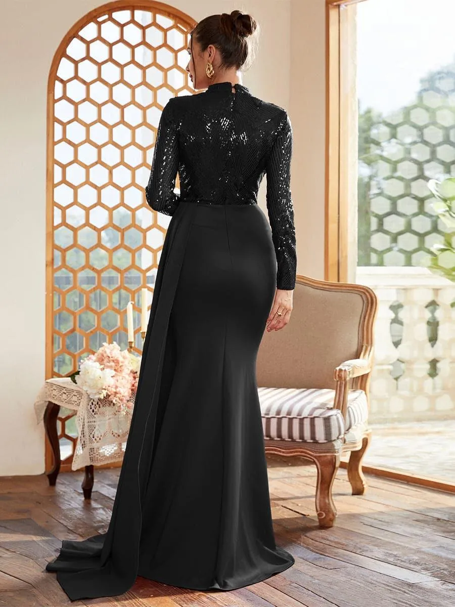 Draping Long Sleeve Sequin Formal Dress M02153