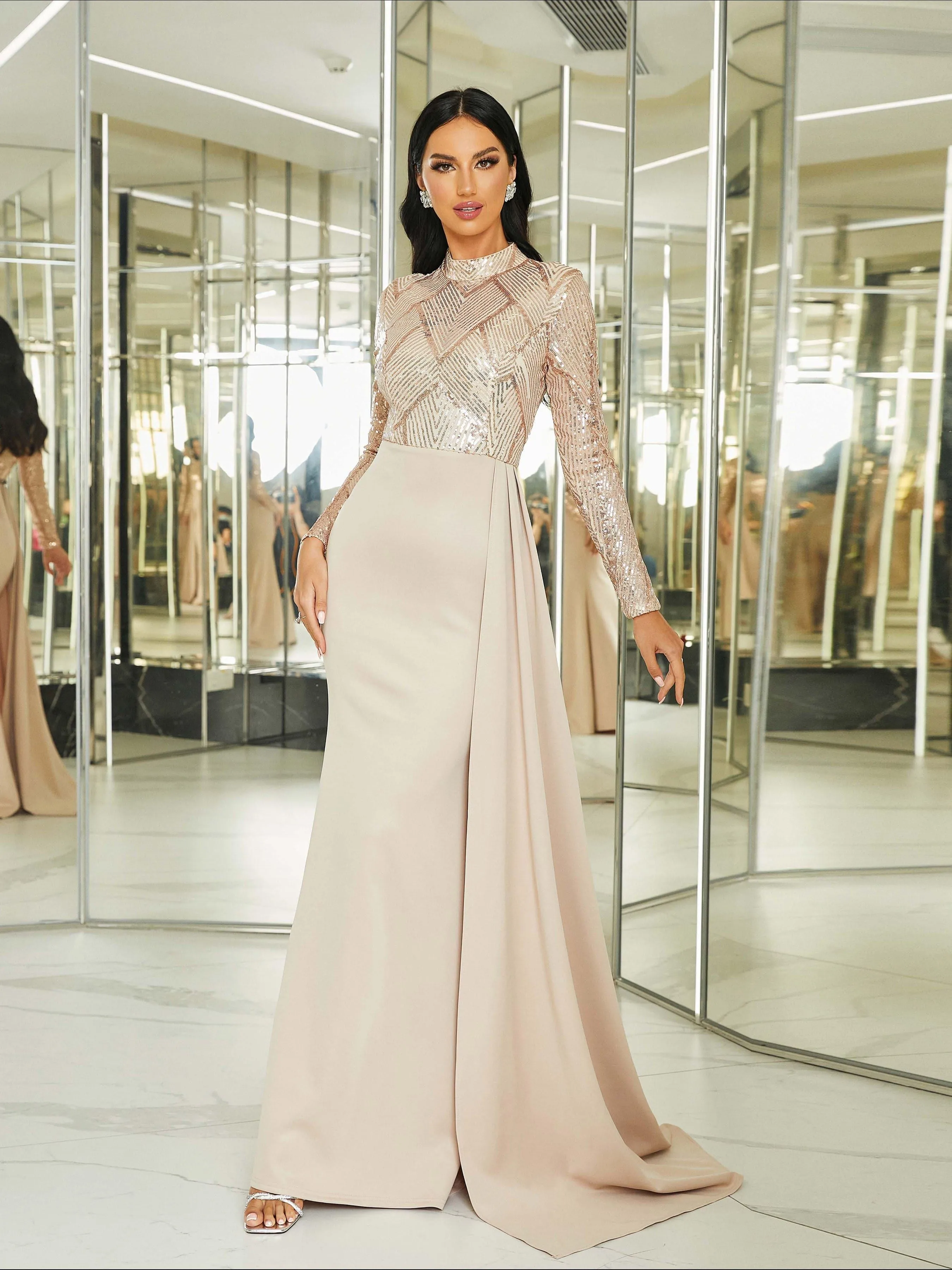 Draping Long Sleeve Sequin Formal Dress M02153