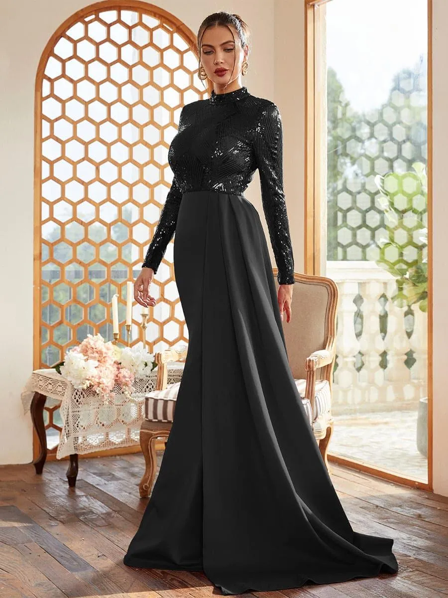 Draping Long Sleeve Sequin Formal Dress M02153