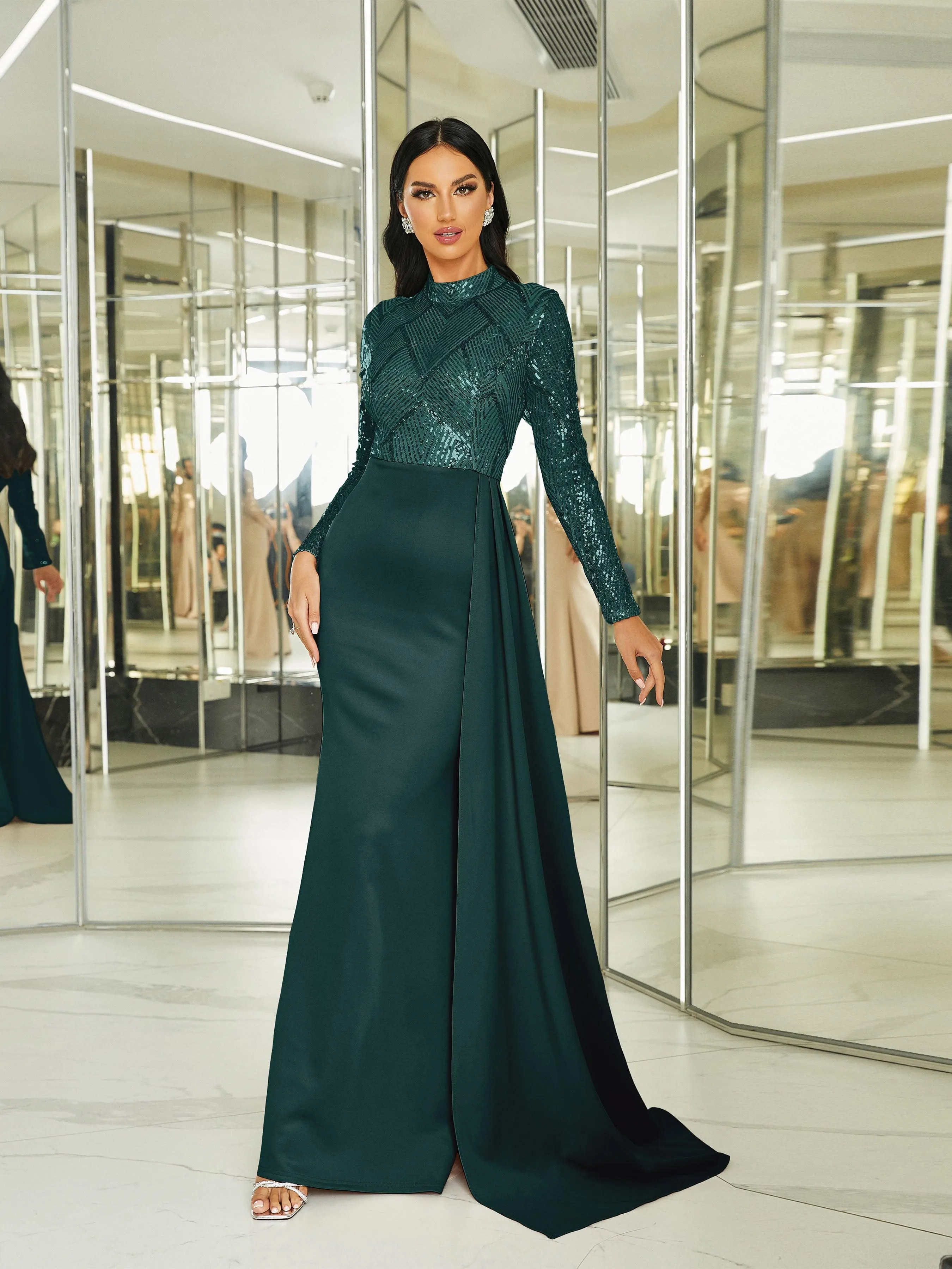Draping Long Sleeve Sequin Formal Dress M02153