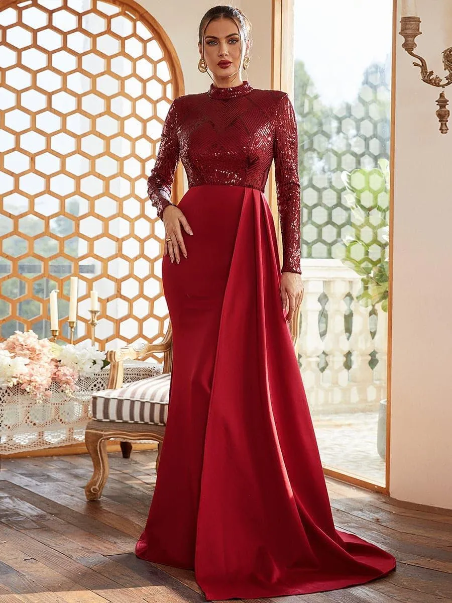 Draping Long Sleeve Sequin Formal Dress M02153
