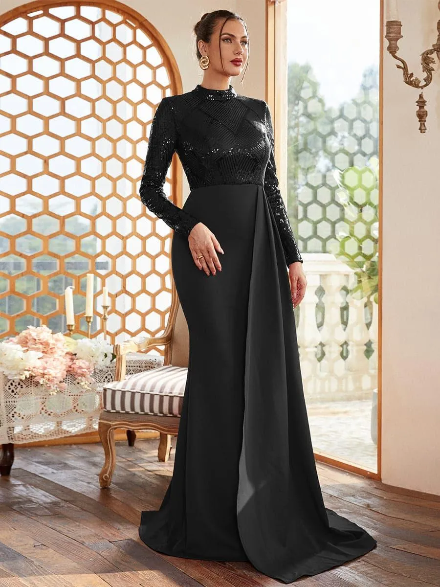 Draping Long Sleeve Sequin Formal Dress M02153