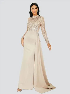 Draping Long Sleeve Sequin Formal Dress M02153
