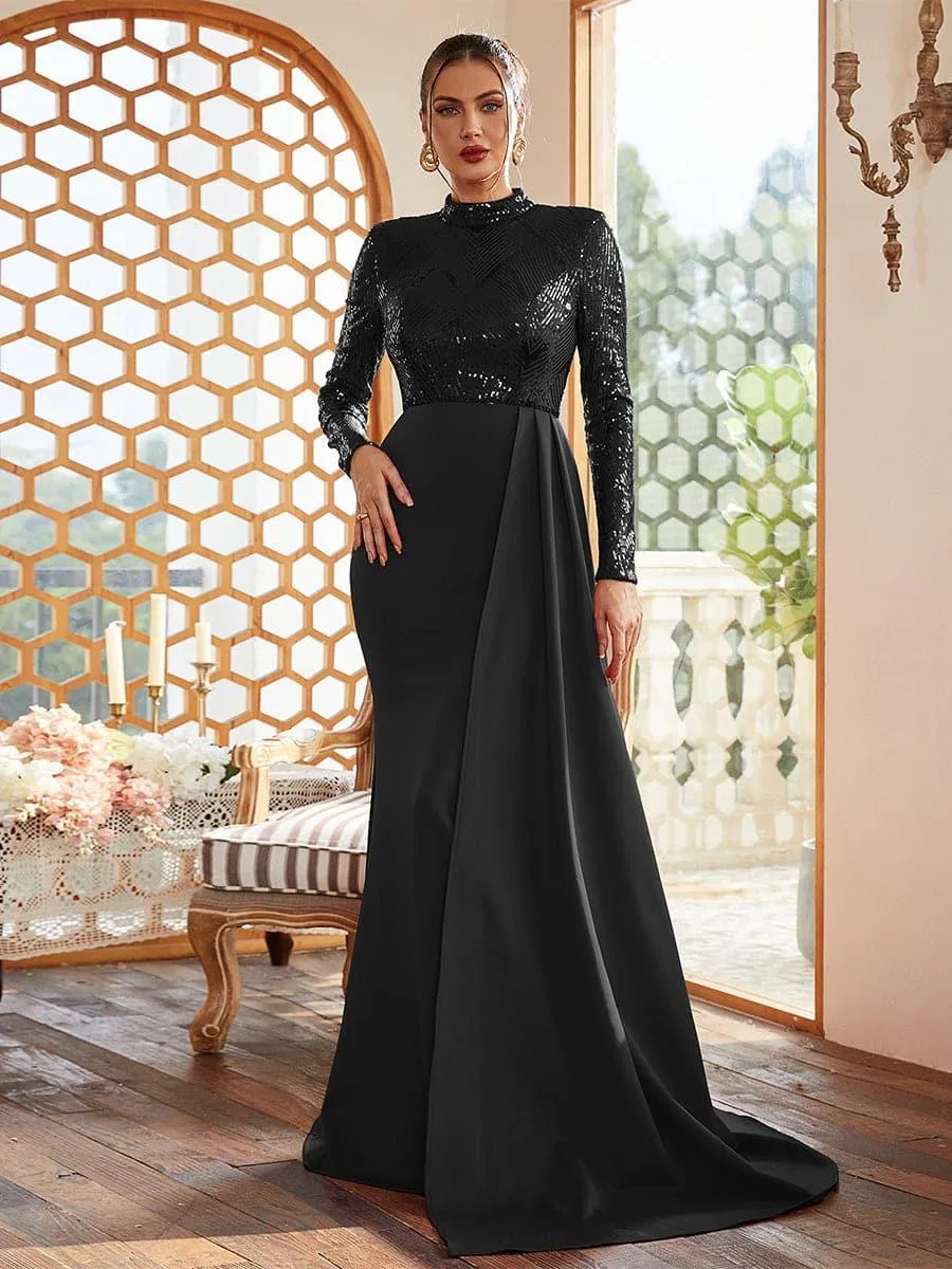 Draping Long Sleeve Sequin Formal Dress M02153