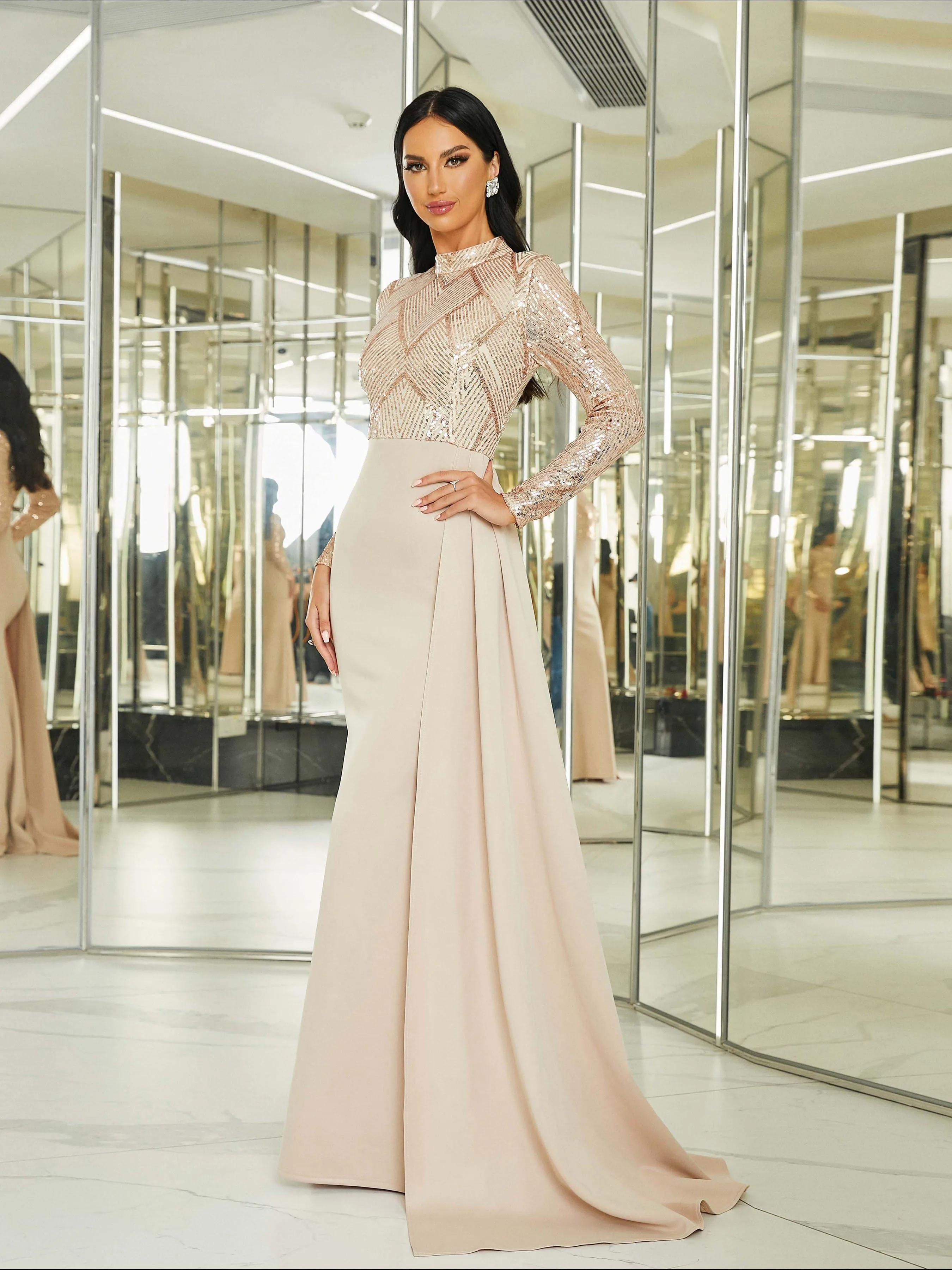Draping Long Sleeve Sequin Formal Dress M02153