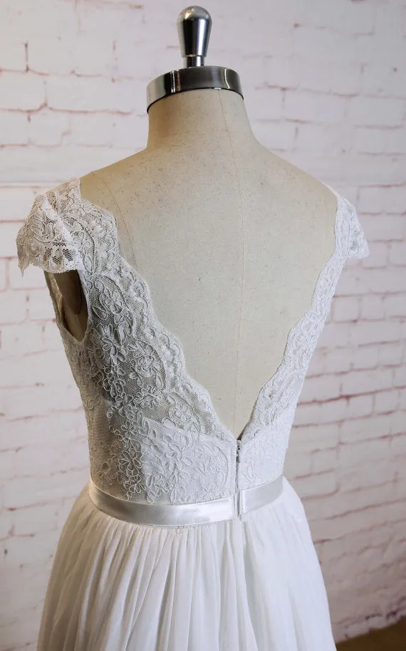 Elegant A-line Floor-length V-neck Cap sleeve lace top simple Wedding Dresses, WD0363