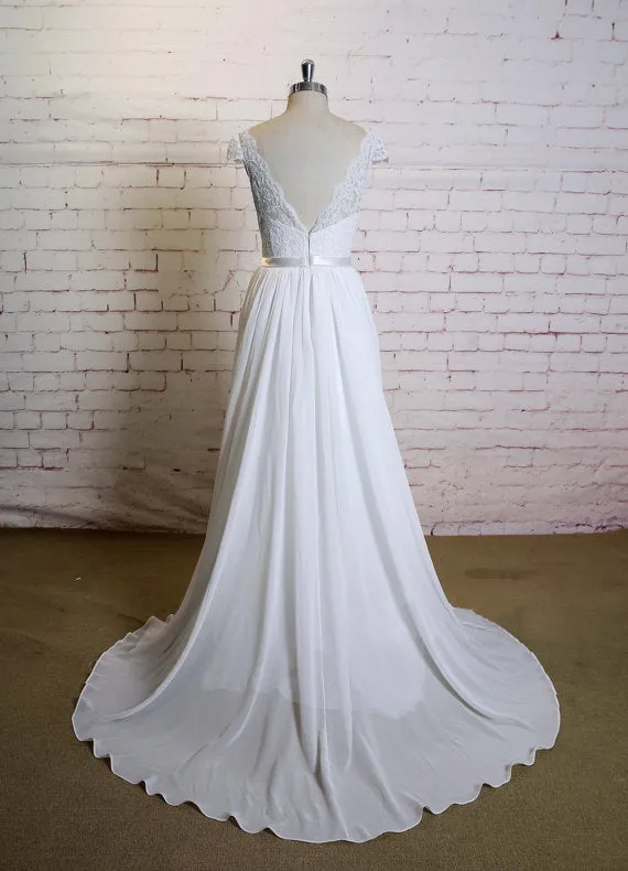 Elegant A-line Floor-length V-neck Cap sleeve lace top simple Wedding Dresses, WD0363