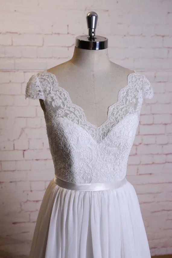 Elegant A-line Floor-length V-neck Cap sleeve lace top simple Wedding Dresses, WD0363