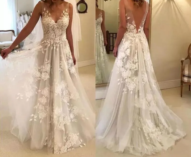 Elegant A-line V-neck Tulle Floor Length Wedding Dresses With Lace Appliques TN171
