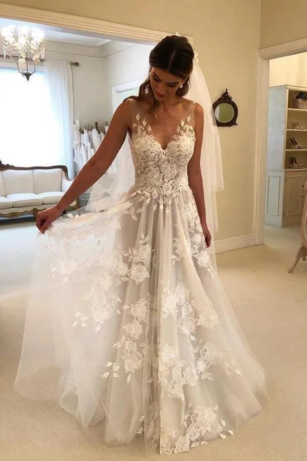 Elegant A-line V-neck Tulle Floor Length Wedding Dresses With Lace Appliques TN171