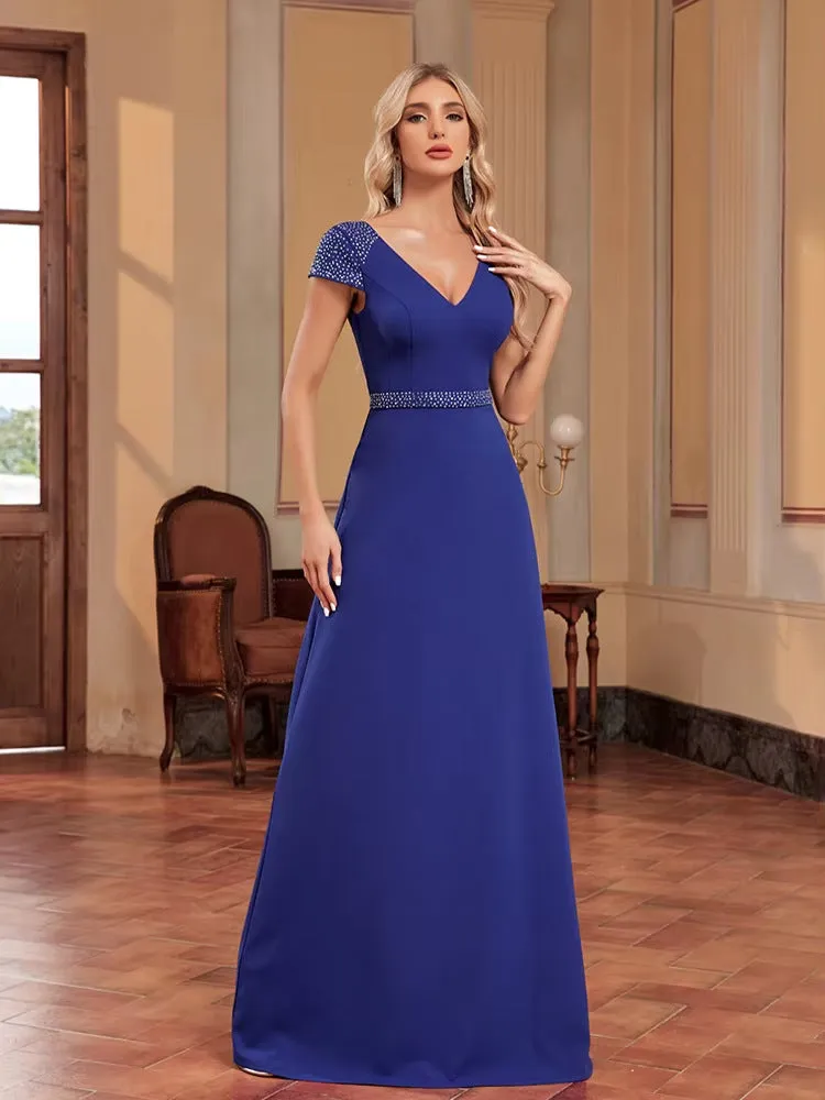 Elegant Blue Color Beaded Evening Dress