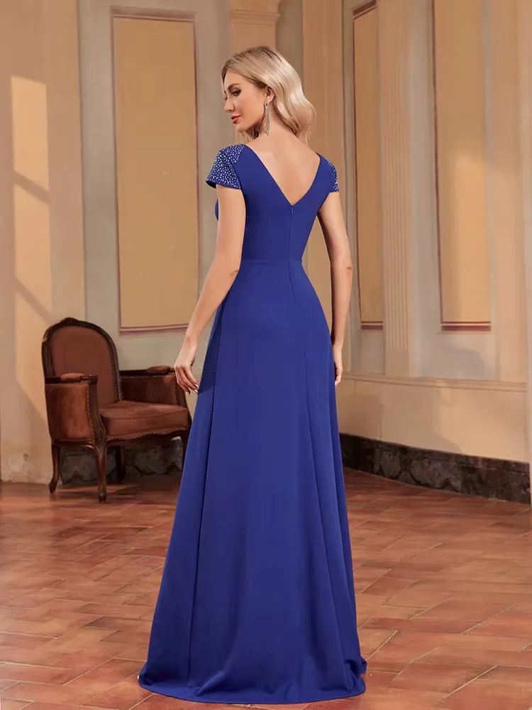 Elegant Blue Color Beaded Evening Dress