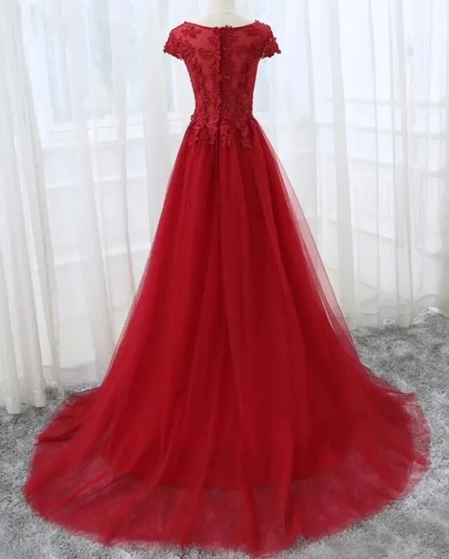 Elegant Cap Sleeves Tulle Long Party Dress, Long Formal Dress