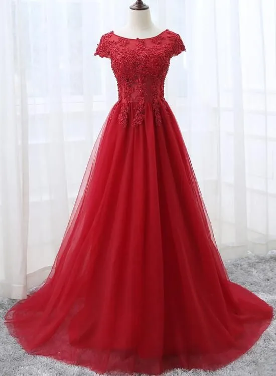 Elegant Cap Sleeves Tulle Long Party Dress, Long Formal Dress