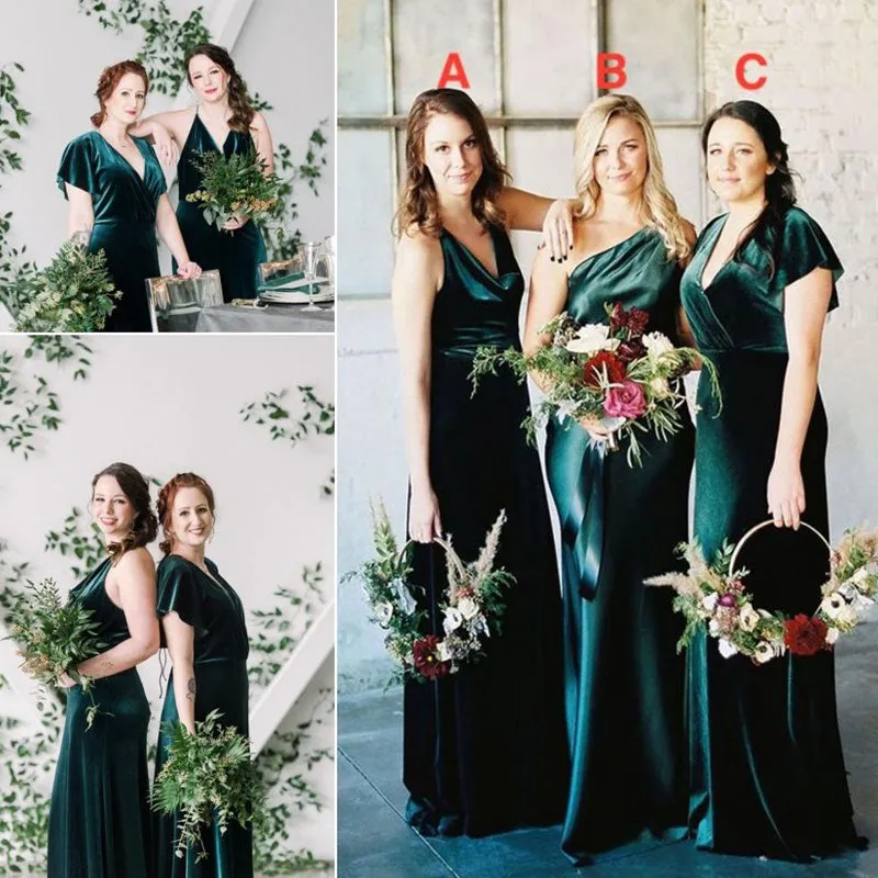 Elegant Dark Green Velvet  Mismatched Long Cheap Bridesmaid Dresses, WG932