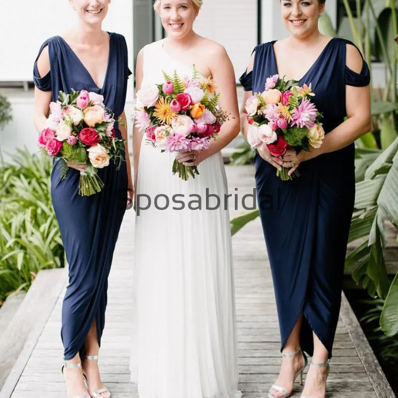 Elegant Dark Navy Blue Side-slit Mermaid Long Bridesmaid Dresses, WG823