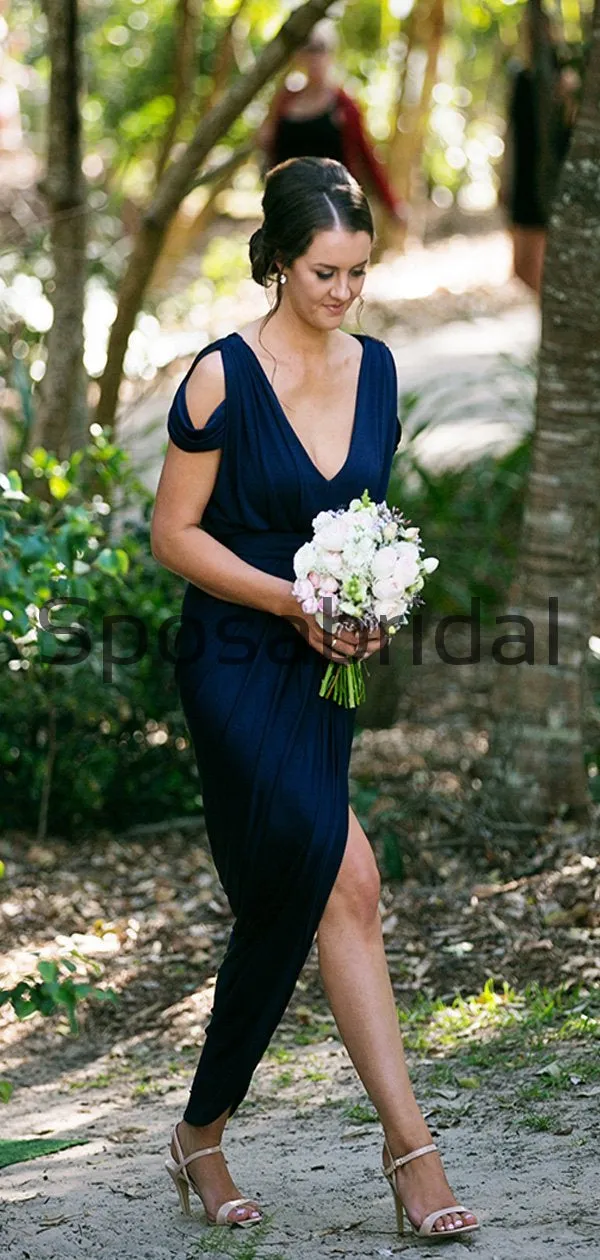 Elegant Dark Navy Blue Side-slit Mermaid Long Bridesmaid Dresses, WG823